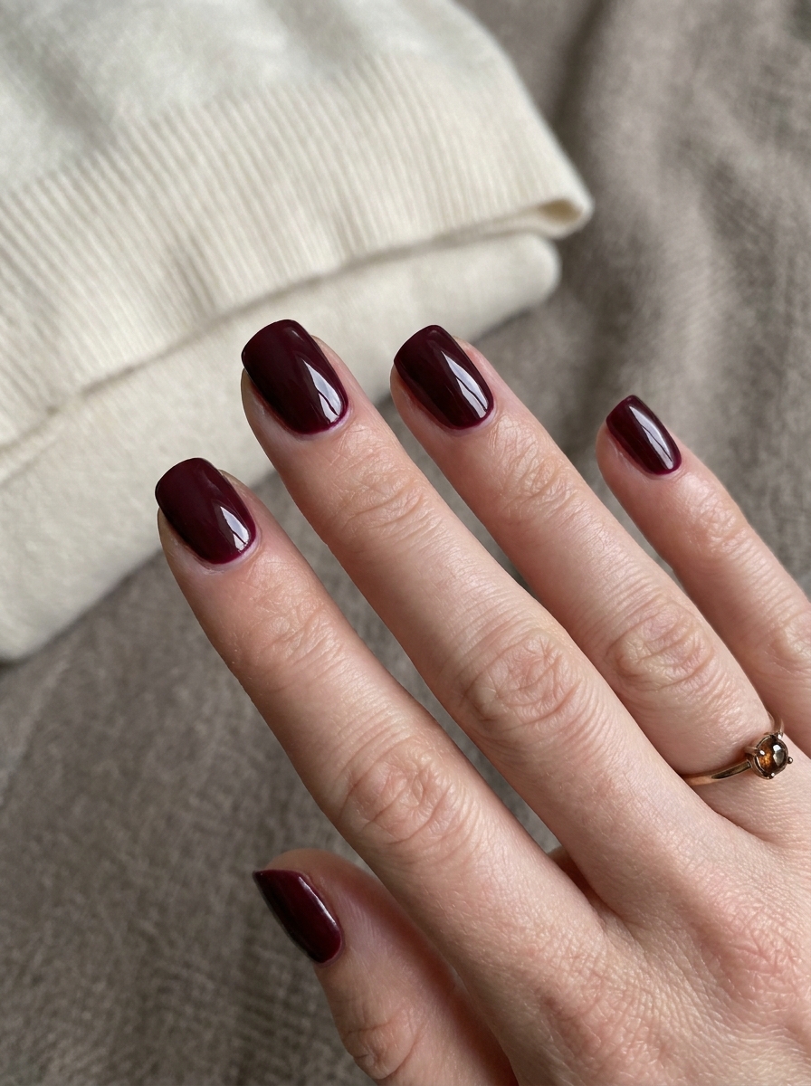 Short Burgundy Gloss Nails auf kurzen gepflegten Nägeln im Herbst 2026